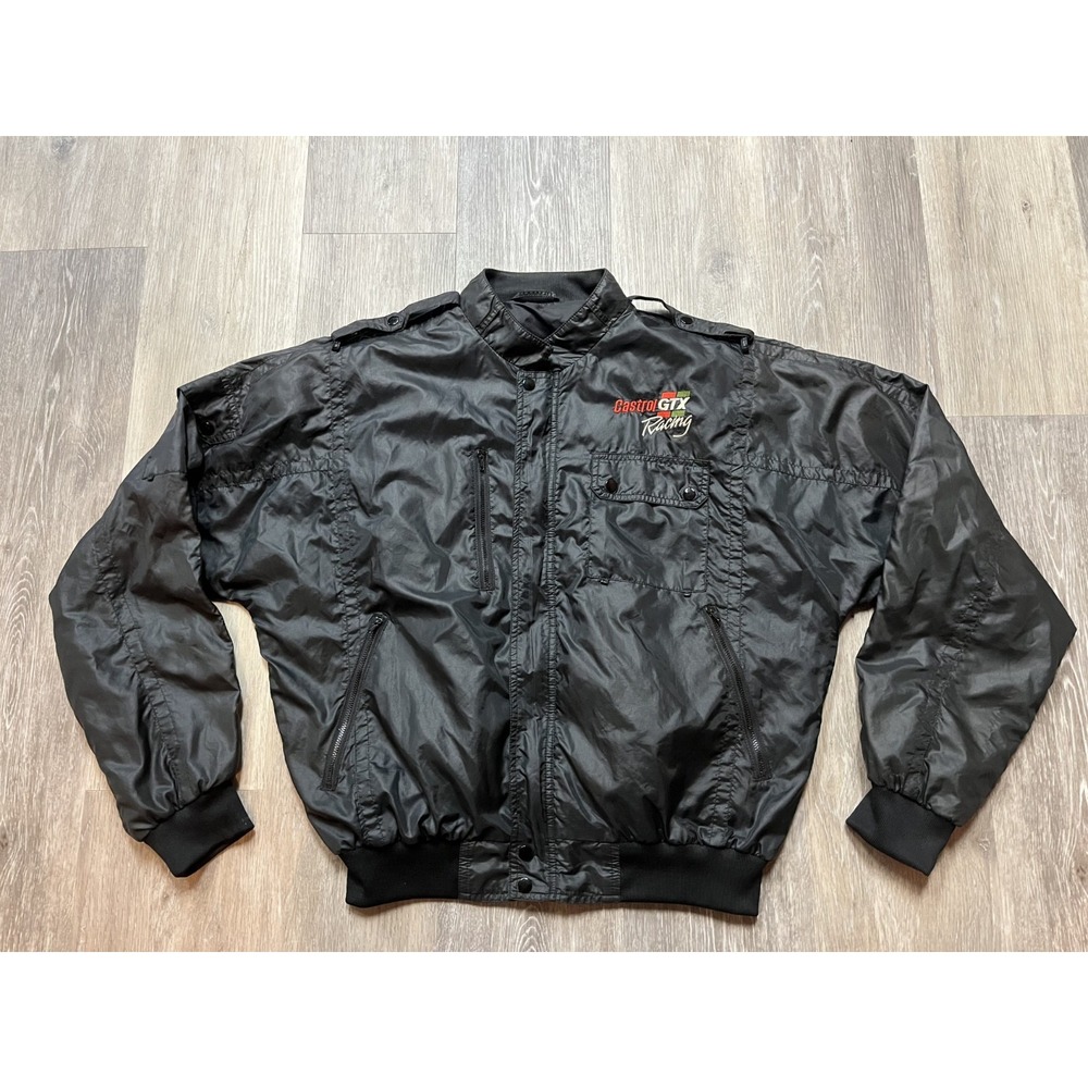 Vtg Castrol GTX Racing Jacket Black Satin Members Only Style Men's Large